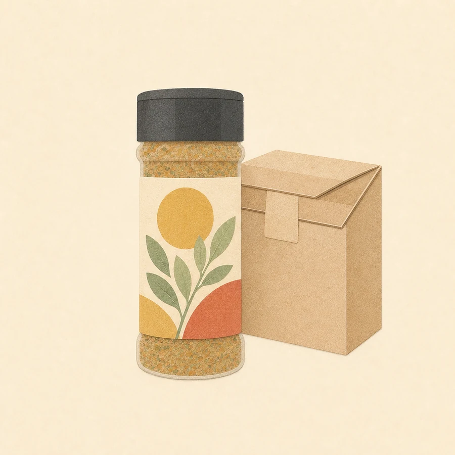 A finished seasoning bottle packed beside a shipping box