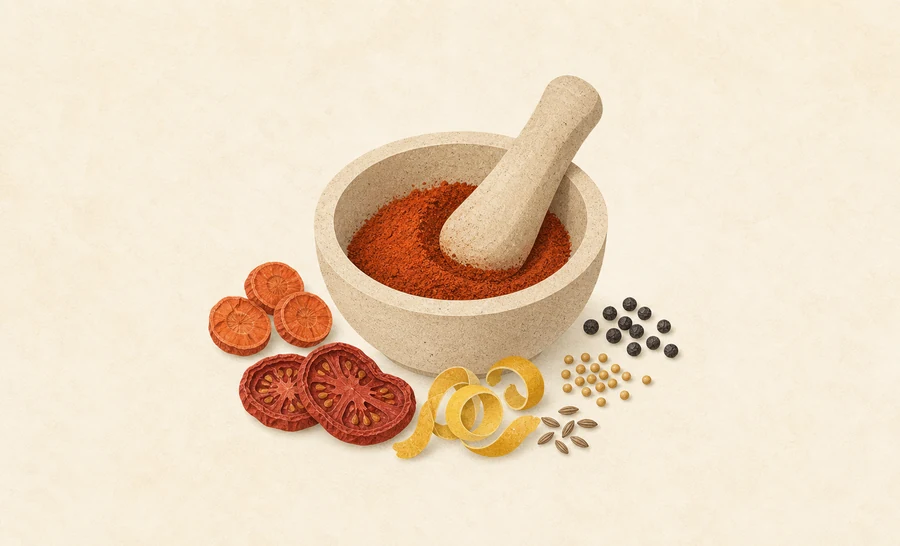 Dried vegetables and spices with a mortar and pestle