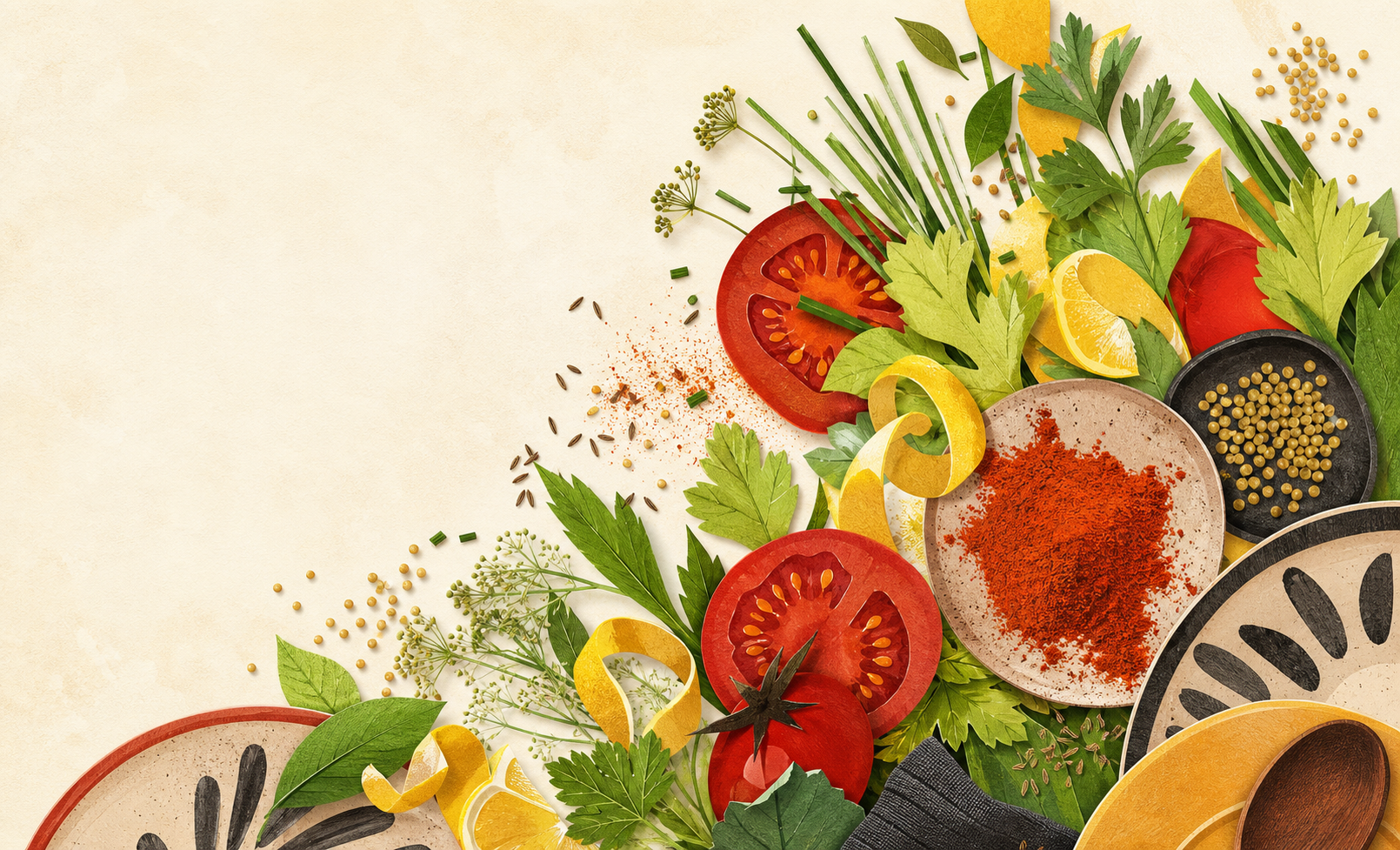 Illustrated herbs, lemon peel, tomatoes and spices